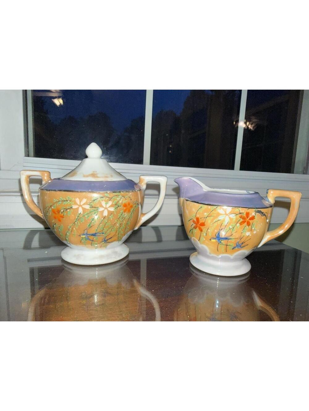 Lusterware floral Sugar Bowl Lid & Creamer Set Japan VTG Asian shabby chic